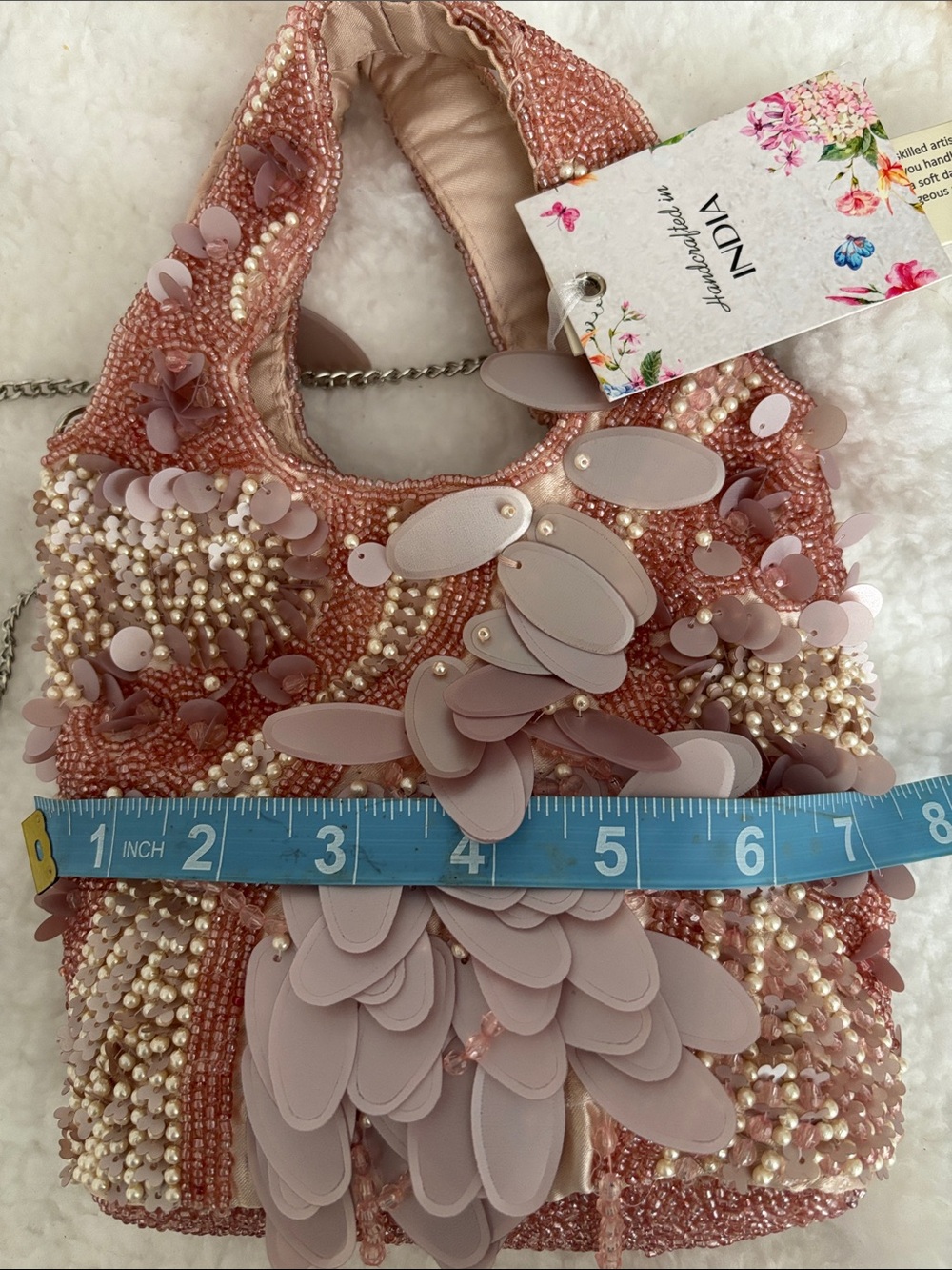 Handcrafted Pink Sequin & Pearl Evening Bag - Picture 8 of 8